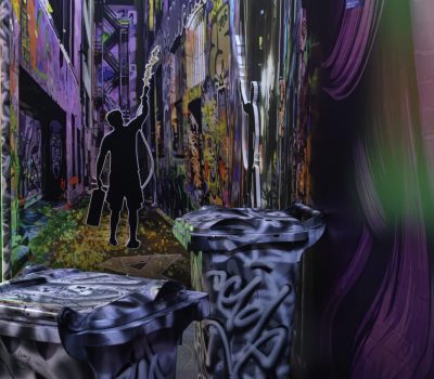 Street art mini golf hole with graffiti alley and painted bins at Hey Caddy